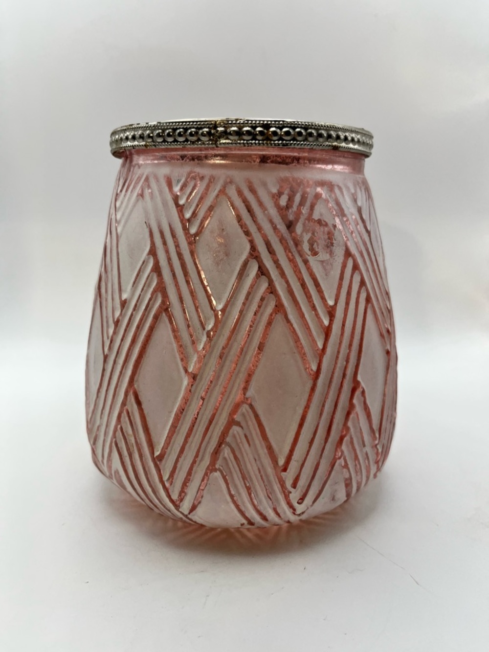 Pink Patterned Glass Candle Holder with Silver Rim